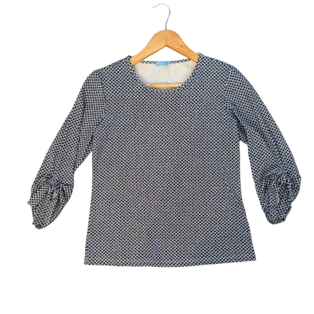 J. McLaughlin Catalina Fabric Top XS Blue White Geometric Tie Sleeves